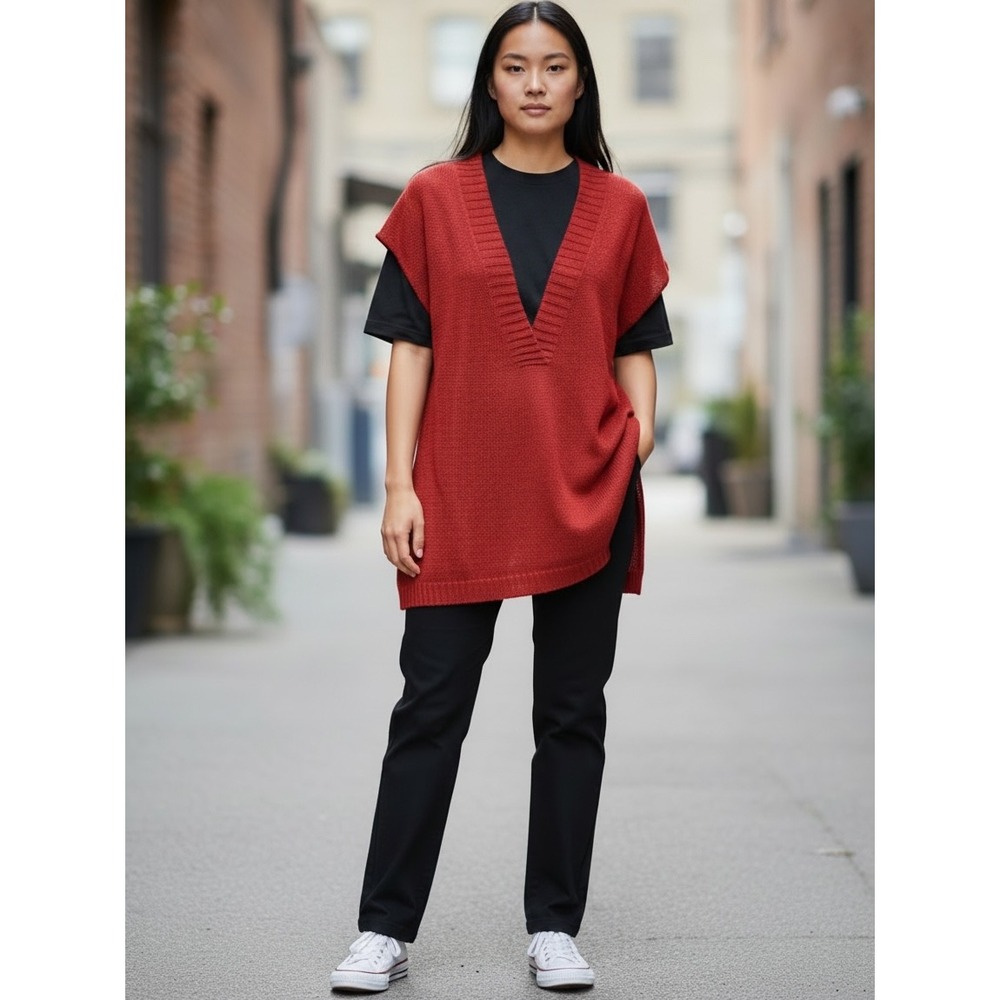 EILEEN FISHER Hemp Tunic Sweater Vest M Red V-Neck Knit Minimalist Fall Layer
